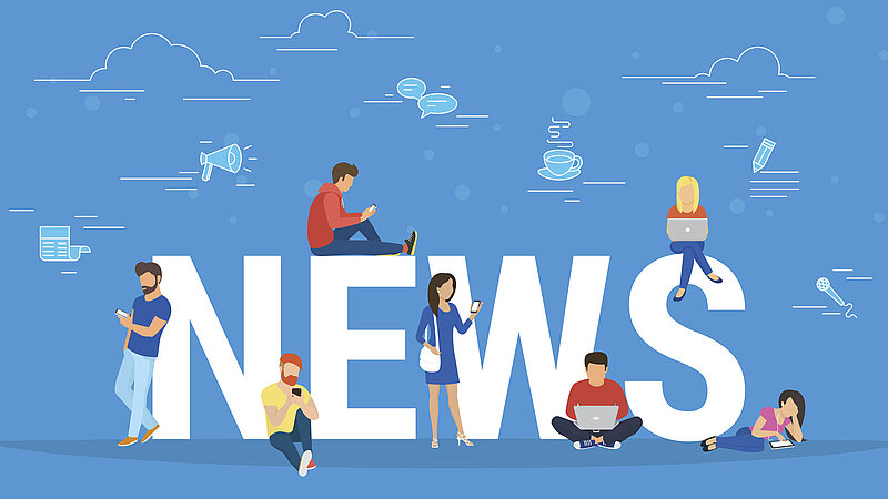 Illustration: Personen, die auf verschiedenen digitalten Endgeräten Nachrichten lesen mit großem Schriftzug "News"