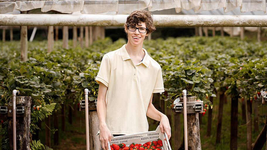 Fröhlicher junger Mann mit Behinderung zeigt eine Kiste mit Erdbeeren