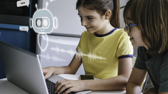 Children using system AI Chatbot in computer or mobile application. Chatbot conversation, Ai Artificial Intelligence technology. OpenAI generate. Futuristic technology. Virtual assistant on internet.
