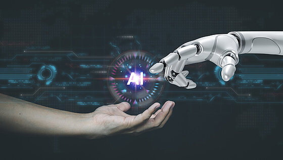 Menschen- und Roboterhand berühren Künstliche Intelligenz-Symbol