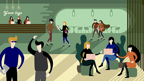 Illustration: Personen im moderner grünen Büro