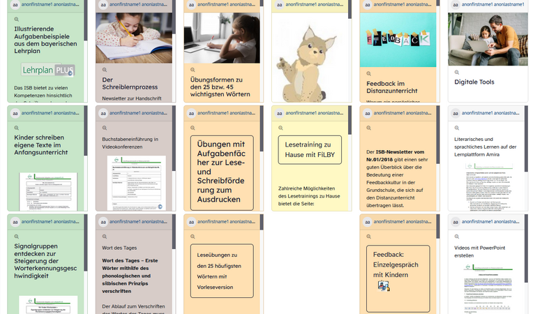 Auf dem Bild ist der Ausschnitt einer digitalen Pinnwand mit verschiedenen Dokumenten und Präsentationen zu sehen, die sich mit dem Thema Bildung und Unterricht zum Schriftspracherwerb beschäftigen. Die Pinnwand ist farbenfroh gestaltet und die Inhalte sind in Spalten gegliedert angeordnet. 
