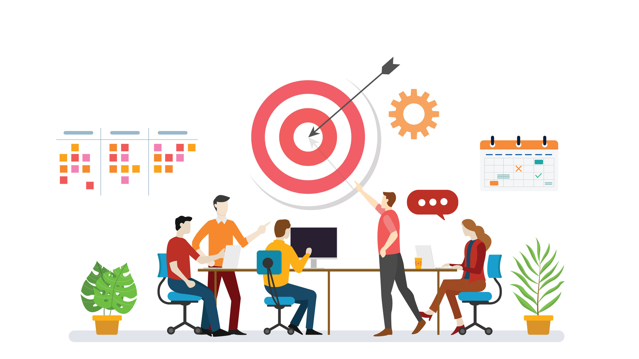 Illustration: Mitarbeiter bei Besprechung mit Plan, Kalender und To-Do-Liste um festgelegtes Ziel zu erreichen