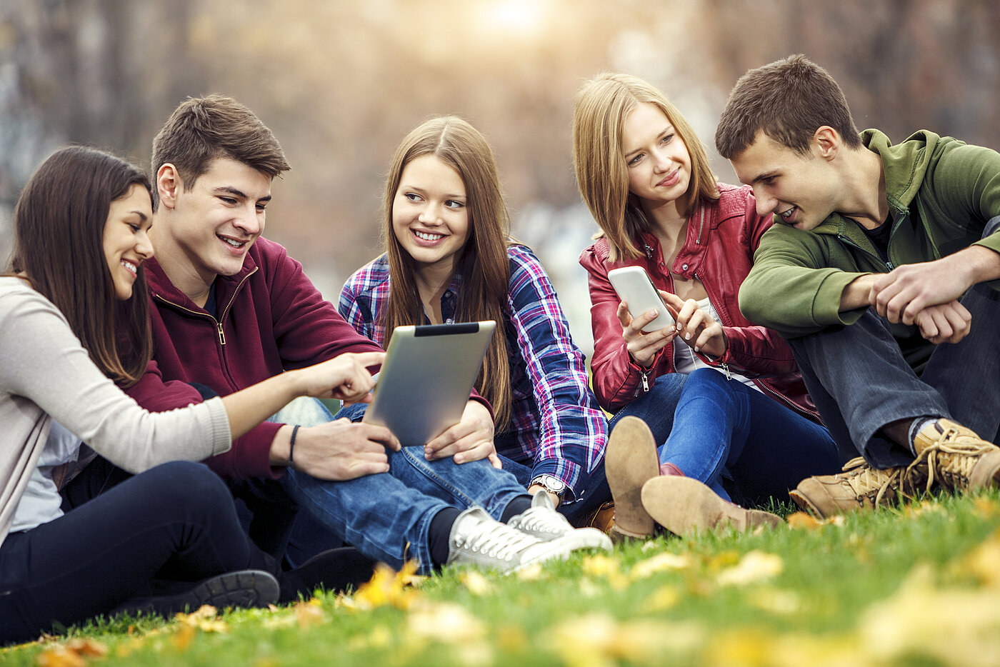 Gruppe von Teenager sitzen mit Laptop und Smartphone in der Wieseet and smart phone