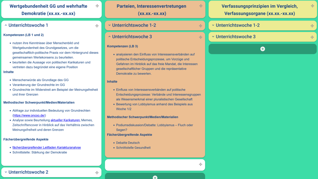 Screenshot aus einer Unterrichtsjahresplanung mithilfe einer digitalen Pinnwand für PuG in der Jahrgangsstufe 12