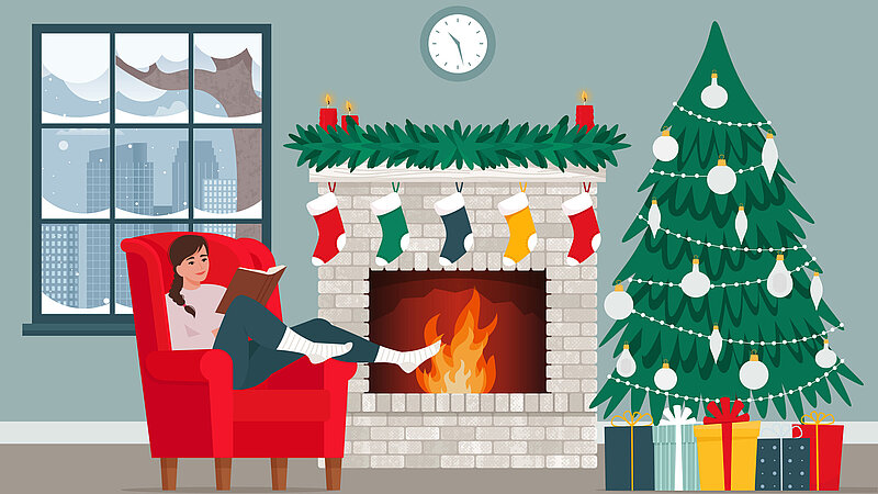 Illustration: Frau liest gemütlich in roten Sessel ein Buch; im Hintergrund ein Kamin und dekorierter Weihnachtsbaum mit Geschenken