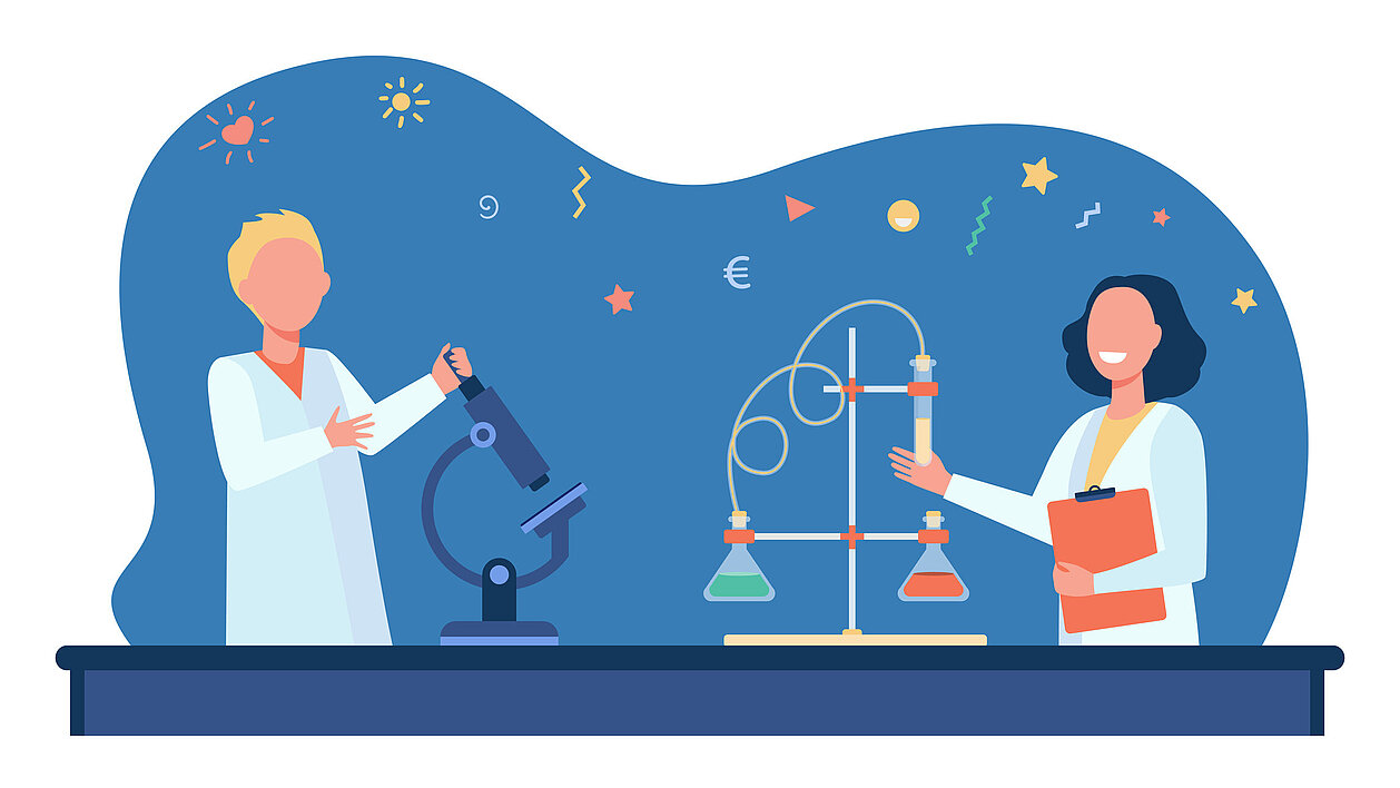 Illustration: Mann und Frau forschen im Labor