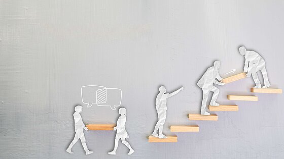 Illustration: Menschen tragen etwas die Treppe hoch