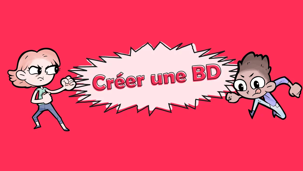 Bild zeigt ein stilisiertes Bild zweier Menschen mit der Sprechblase „Créer une BD“.