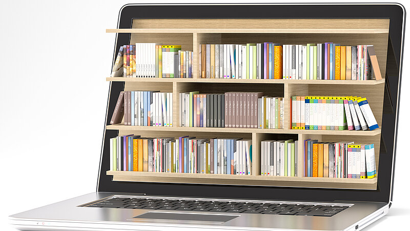 Symboabbildung: Laptop mit Bibliothek