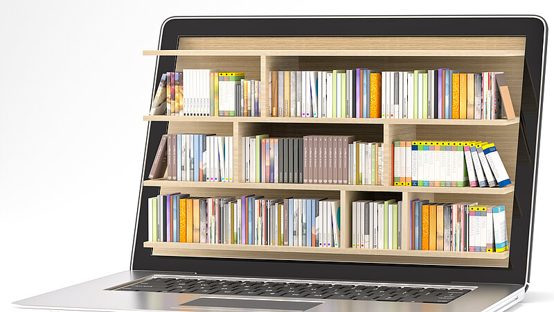 Symboabbildung: Laptop mit Bibliothek