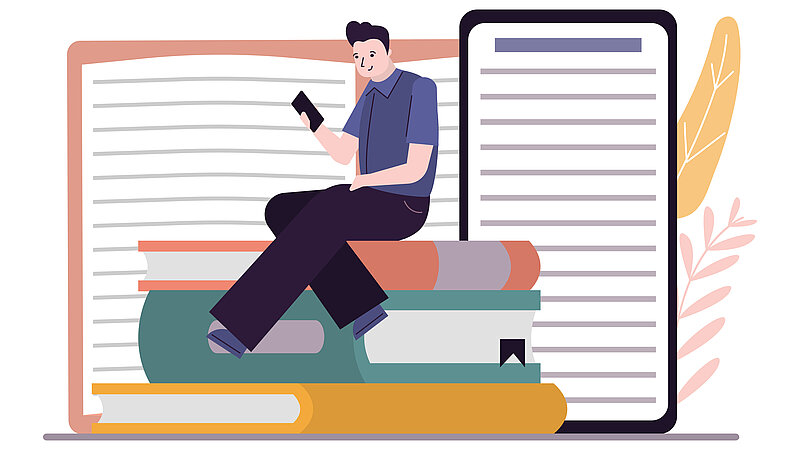 Symbolbild: Mann mit Smartphone auf Bücherstapel, im Hintergrund digitale Medien 