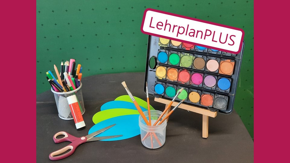 Illustrierendes Bild für das Fach Kunst mit dem Logo LehrplanPLUS