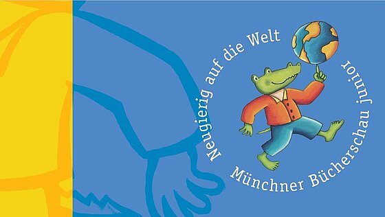 Logo für die Bücherschau junior - ein Krokodil balanciert Weltkugel auf seiner Tatze