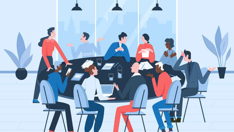 Illustration: Mitarbeitern und Mitarbeiterinnen diskutieren am runden Konferenztisch
