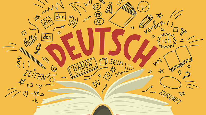 Illustration: Buch und Schriftzüge zu Grammatik und Literatur