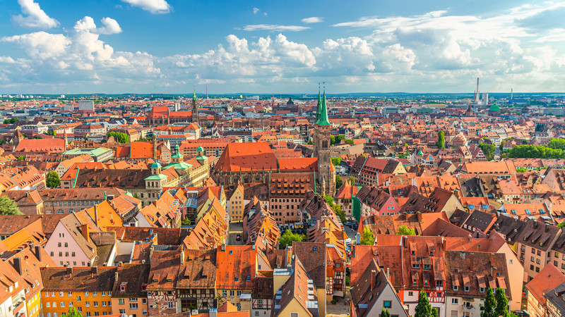 Nuremberg cityscape, aerial panoramic view of old town Nuremberg city historical center, colorful medieval buildings, St. Sebaldus Church towers, Nuremberg panorama, Middle Franconia region, Germany
