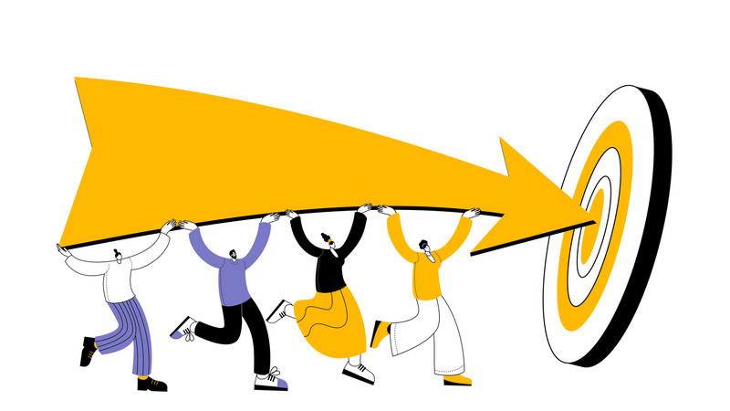 Illustration: Gruppe von Menschen trägt einen gelben Pfeil in die Mitte der Zielscheibe