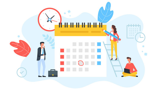 Illustration: Personengruppe markiert auf verschiedene Art Termine als Symbol für Zeitmanagement