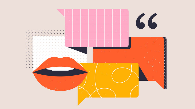 Speech, communication. Open mouth, conversation bubbles and quote symbols. Rhetoric, oratory, public speaking concept