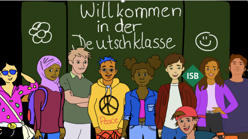 Illustrierendes Bild für Teachshare-Kurse im Fach DaZ. Es zeigt verschiedene Schülerinnen und Schüler und hat als Schriftzug Willkommen in der Deutschklasse im Hintergrund
