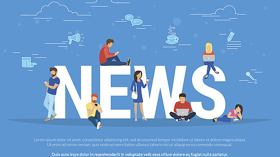 Illustration: Personen, die auf verschiedenen digitalten Endgeräten Nachrichten lesen mit großem Schriftzug "News"