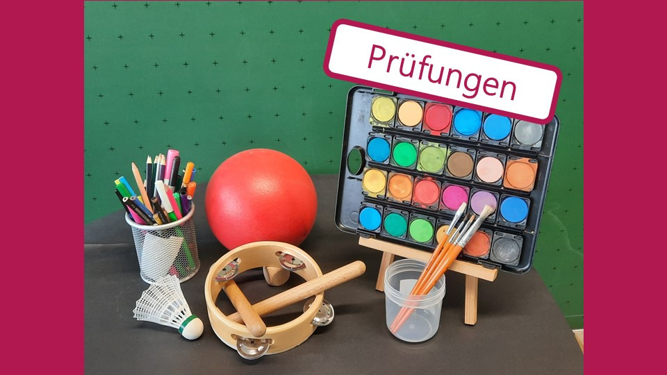 Illustrierendes Bild für die Fächer Musik, Kunst und Sport mit dem Hinweis "Prüfungen"