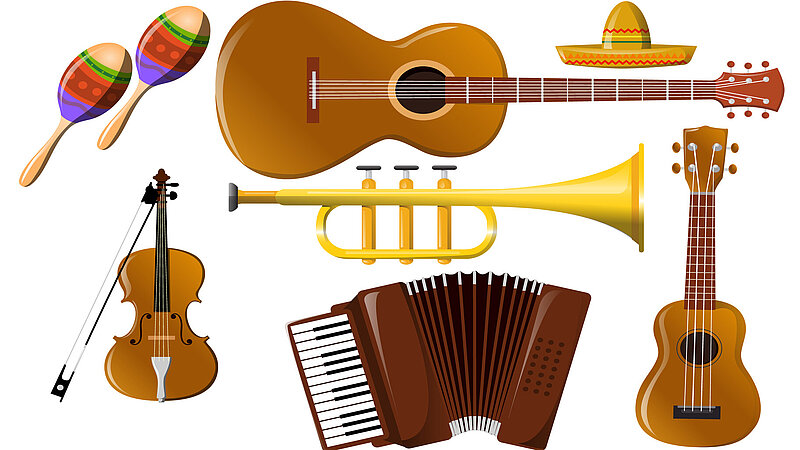 Symbolbilder von Musikinstrumenten wie z.B. Gitarre, Geige, Tromepte