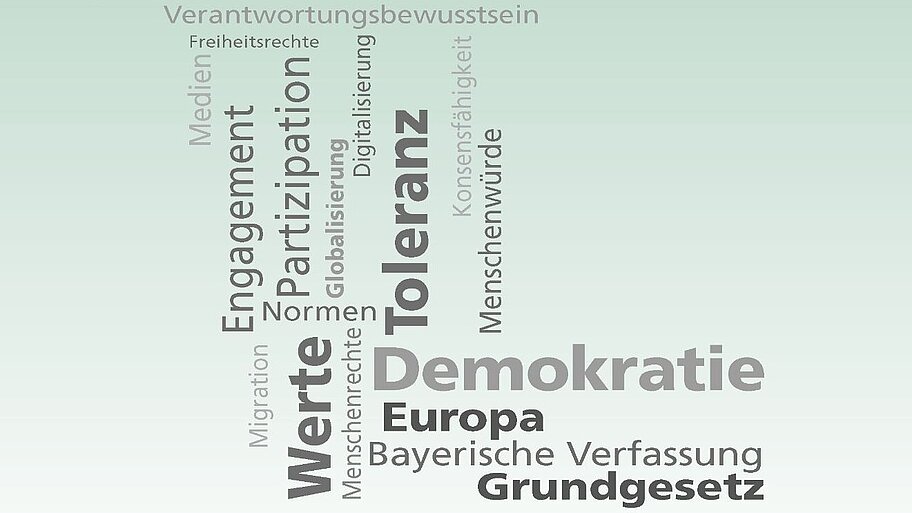 Schriftzug mit Grundwerten der Demokratie