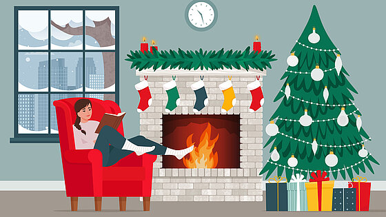 Woman reading book, resting in armchair, basking near fireplace. Christmas fireplace, warm cozy interior, winter holidays resting concept. Vector illustration in flat style