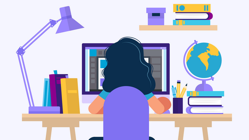 Illustration: Mädchen sitzt rückgewandt am Schreibtisch und lernt am Computer