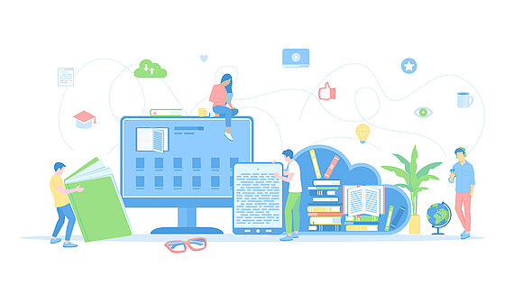 Illustration: Verschiedene Menschen lesen und kommunizieren online