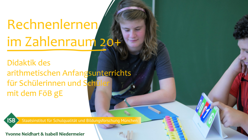 Im Hintergrund: eine Schülerin und ein Schüler beim Rechnen mit verschiedenen Materialien, z. B. Zehnersystemsatz und Zahlenkarten; im Vordergrund der Titel: Rechnenlernen im Zahlenraum 20+, Didaktik des arithmetischen Anfangsunterrichts für Schülerinnen und Schüler mit dem Förderbedarf geistige Entwicklung