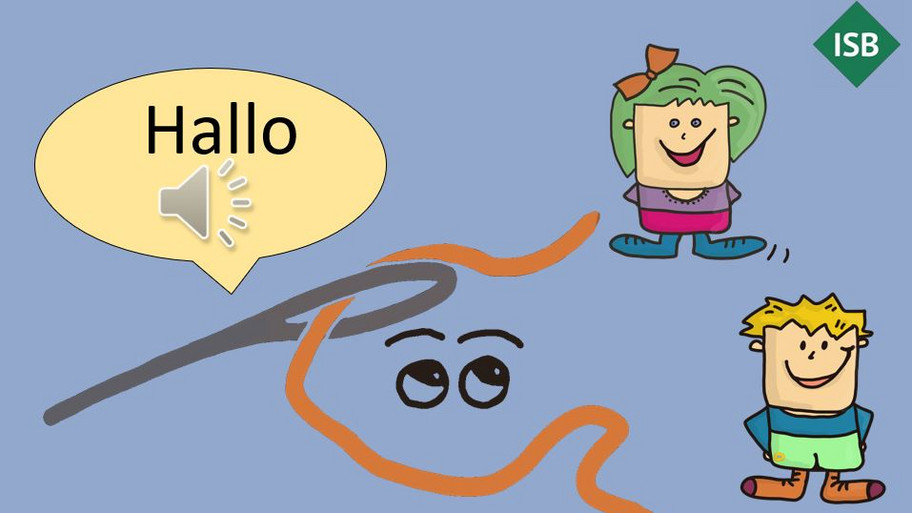 In der Mitte des Bildes ist eine Nadel mit einem Faden zu sehen und ein paar comicartige Augen, die von dem Faden eingefasst werden. Links oben befindet sich eine Sprechblase mit dem Wort "Hallo" und einem Lautsprechersymbol. Zwei cartoonartige Figuren befinden sich auf der rechten Seite. Über den beiden Figuren ist das grüne, rautenförmige ISB-Logo angebracht.