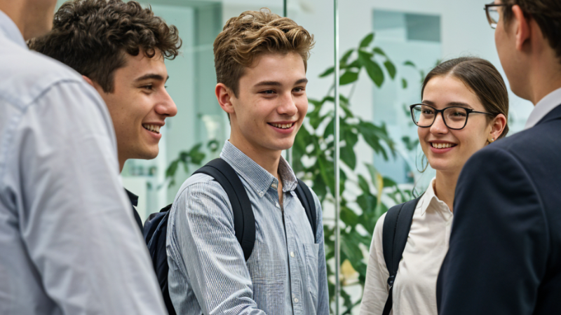 Drei Schüler werden zum Praktikumsantritt von den Abteilungsleitern begrüßt.