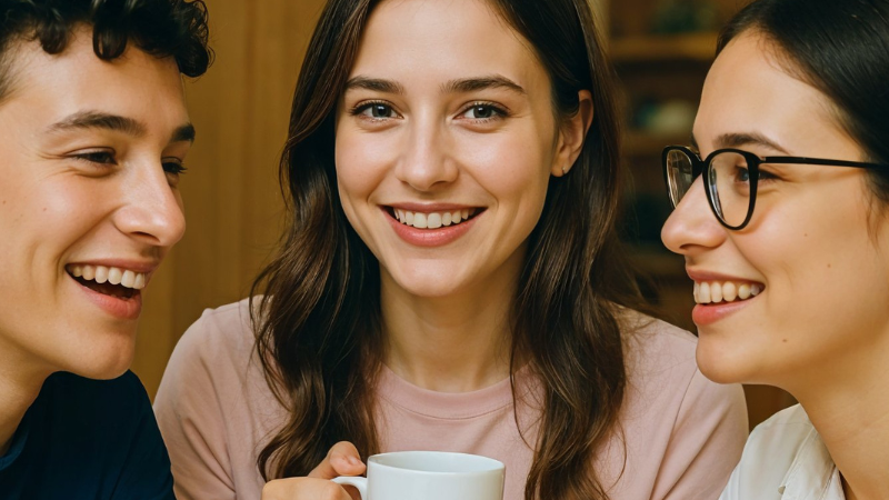 drei Praktikantinnen und Praktikanten während der Kaffeepause